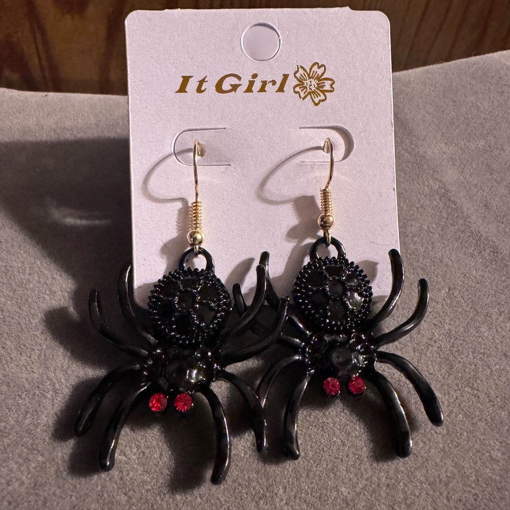 It Girl Dark Metal Rhinestone Enameled Spider Earrings